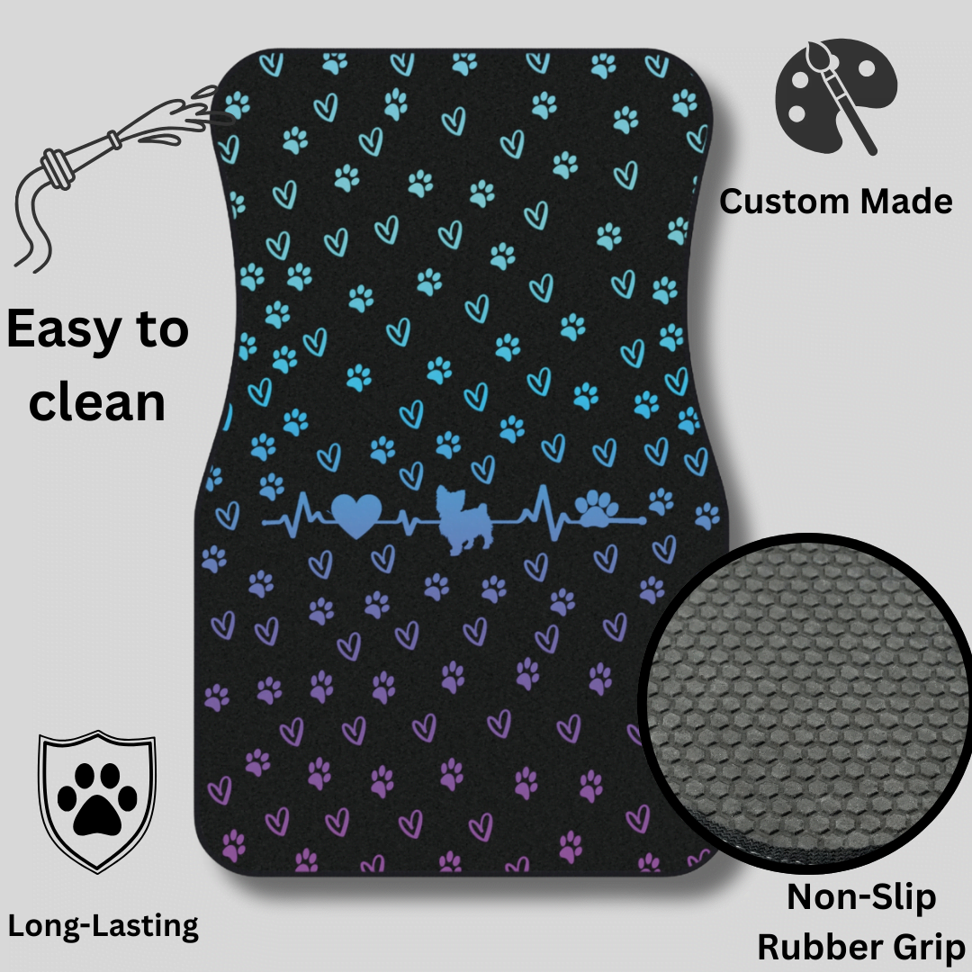 Custom Pet Car Mats - Personalized Breed, Heartbeat & Paw Print Design, Set of 4