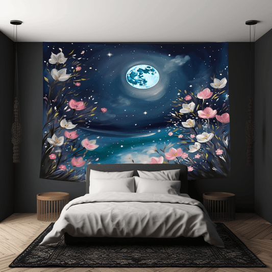 Blue Moon Flower Garden Aesthetic Tapestry, Wall Hanging Tapestry For Any Room In Your Home