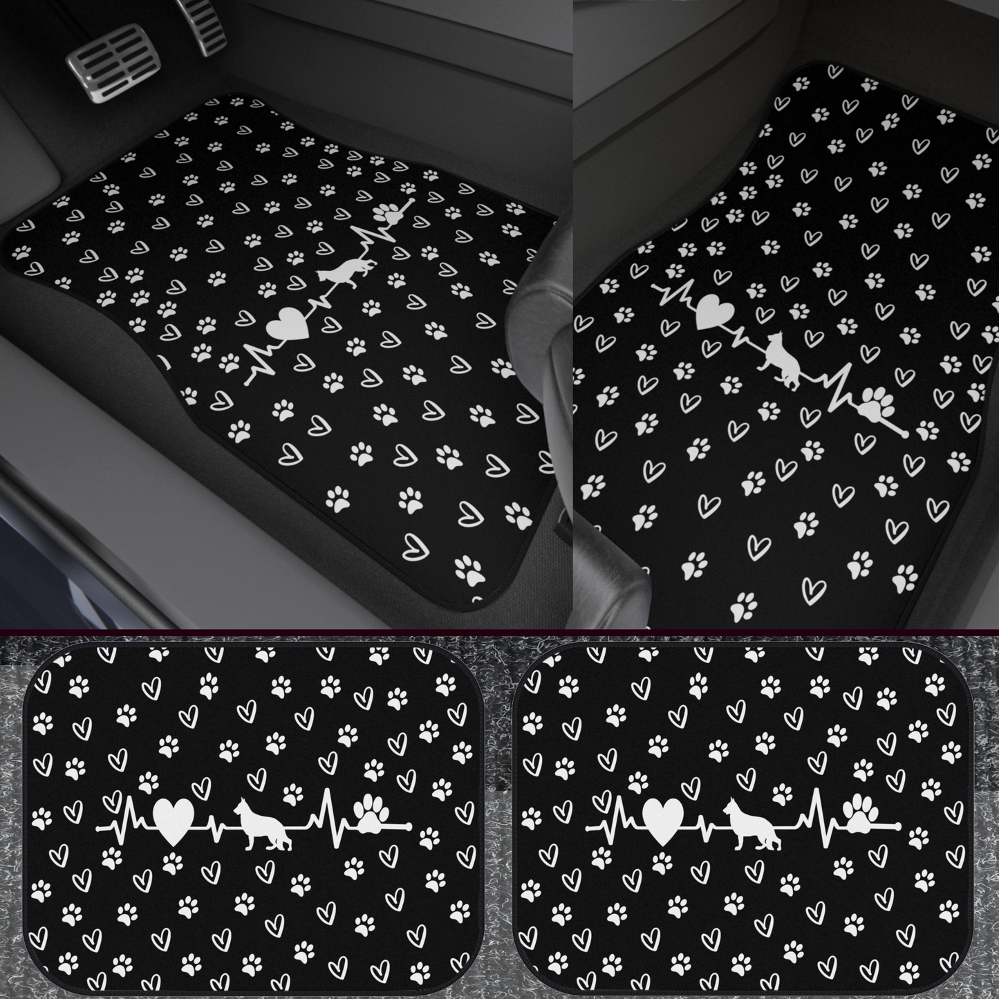 Custom Pet Car Mats - Personalized Breed, Heartbeat & Paw Print Design, Set of 4