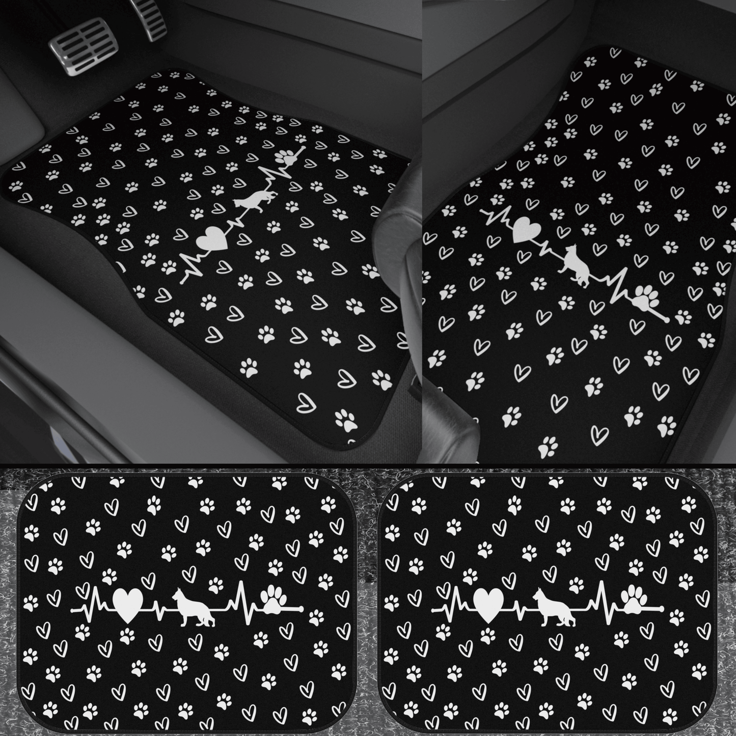 Custom Pet Car Mats - Personalized Breed, Heartbeat & Paw Print Design, Set of 4