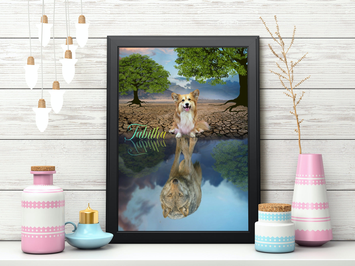 Custom Pet Portrait, Pet Painting, Add Your Dog or Cat In Funny Watercolor/Acrylic Art Scene-Printed On Canvas With A Black Frame