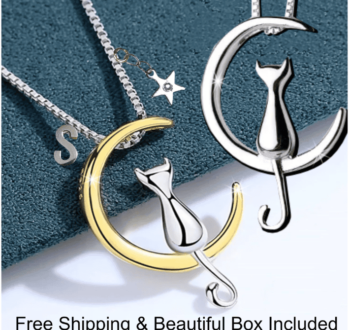 Silver Gold Cat Moon Charm Necklace, Cat Jewelry For Women & Kids