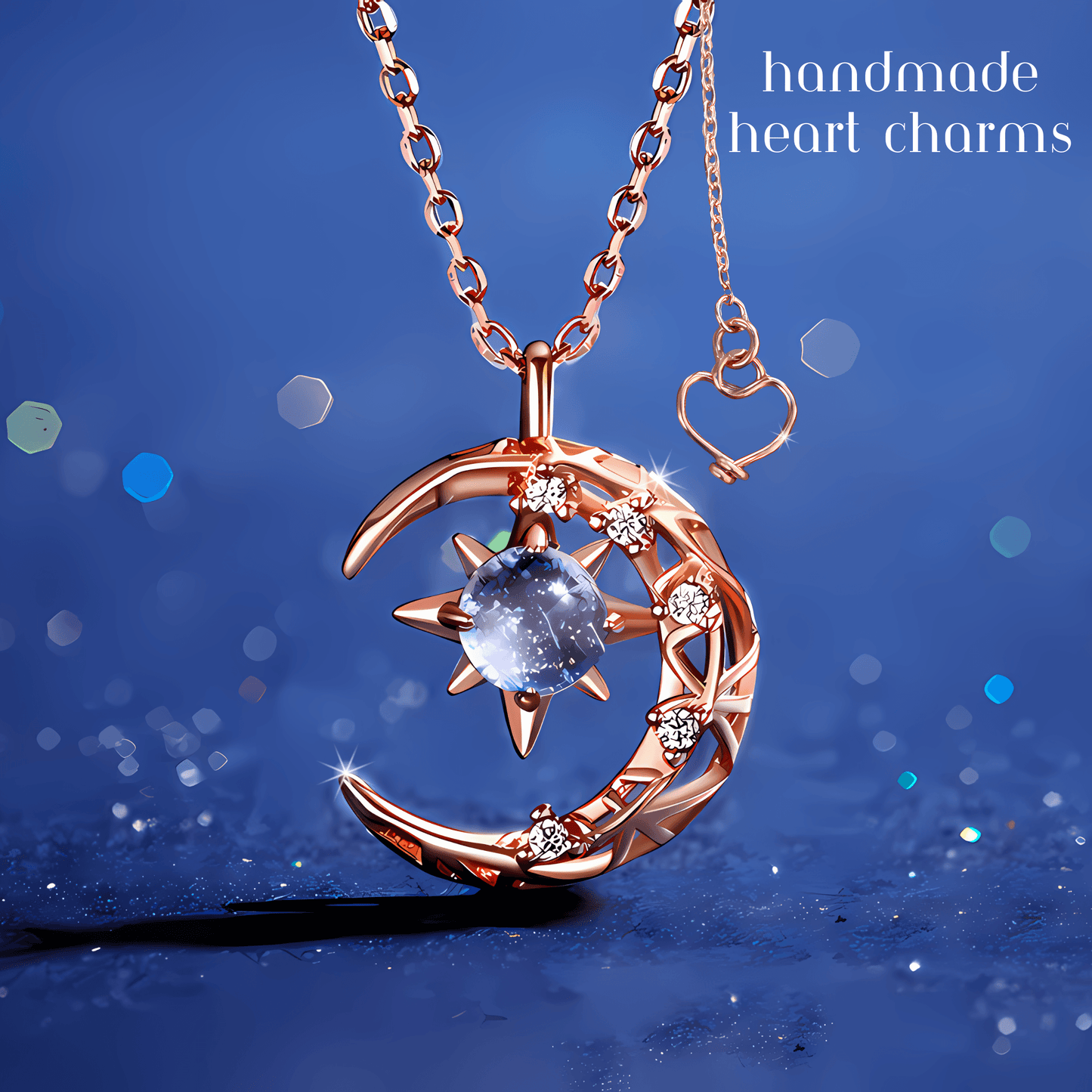 Custom Crystal Moon & Star Pendant Necklace, Crescent Moon Initial Moon Necklace