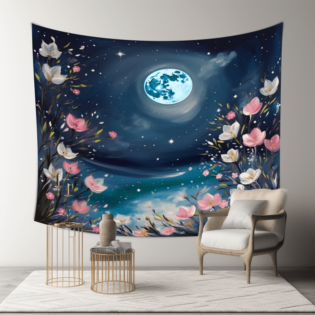 Blue Moon Flower Garden Aesthetic Tapestry, Wall Hanging Tapestry For Any Room In Your Home