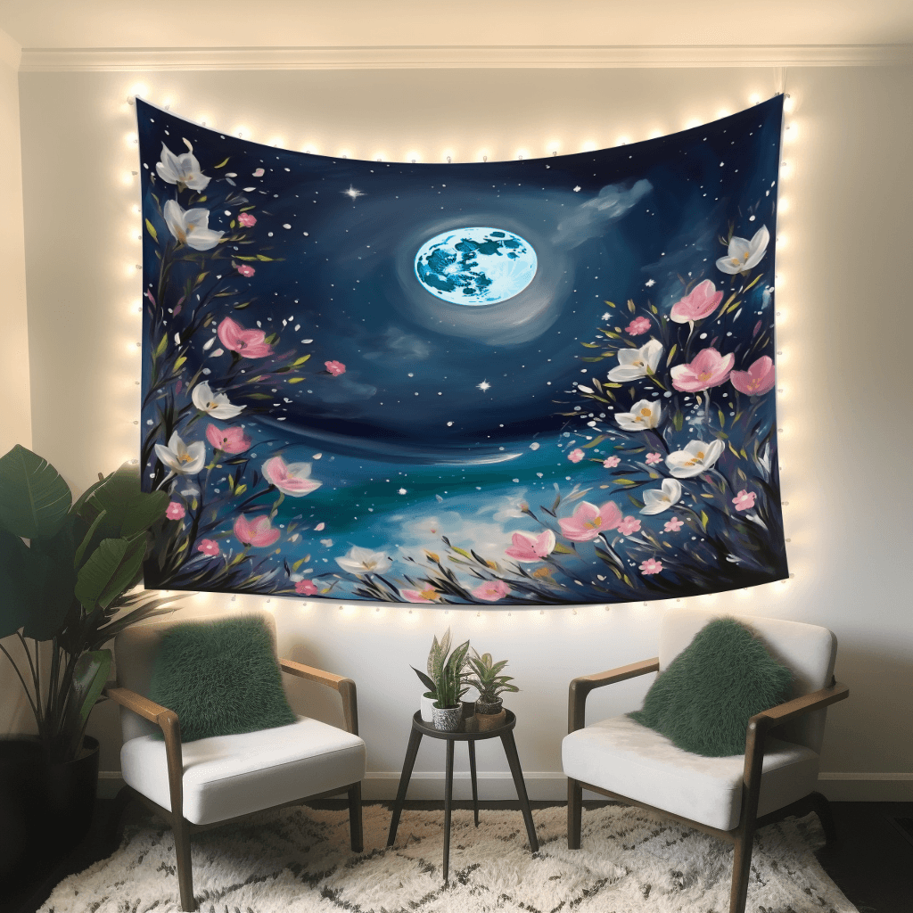 Blue Moon Flower Garden Aesthetic Tapestry, Wall Hanging Tapestry For Any Room In Your Home