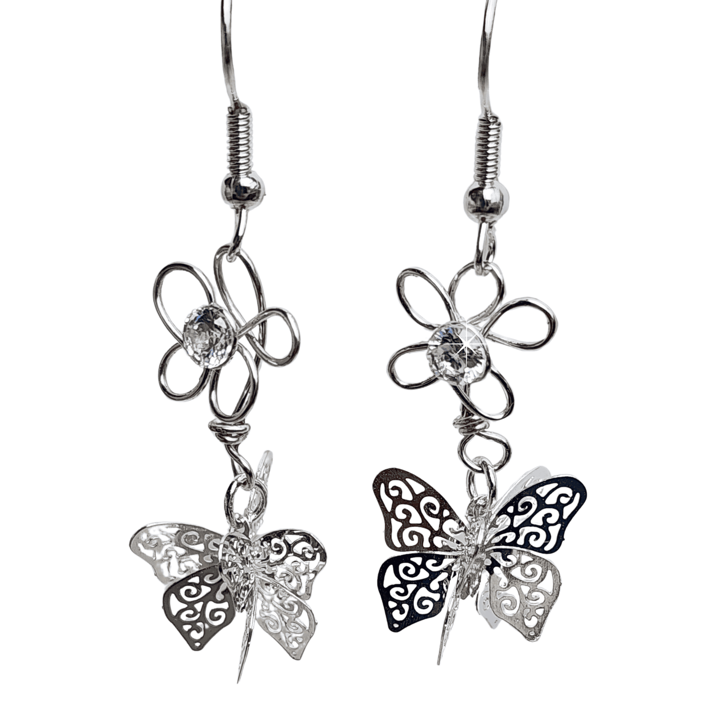 Silver Flower& Dancing Butterfly Crystal Drop Earring Jewelry