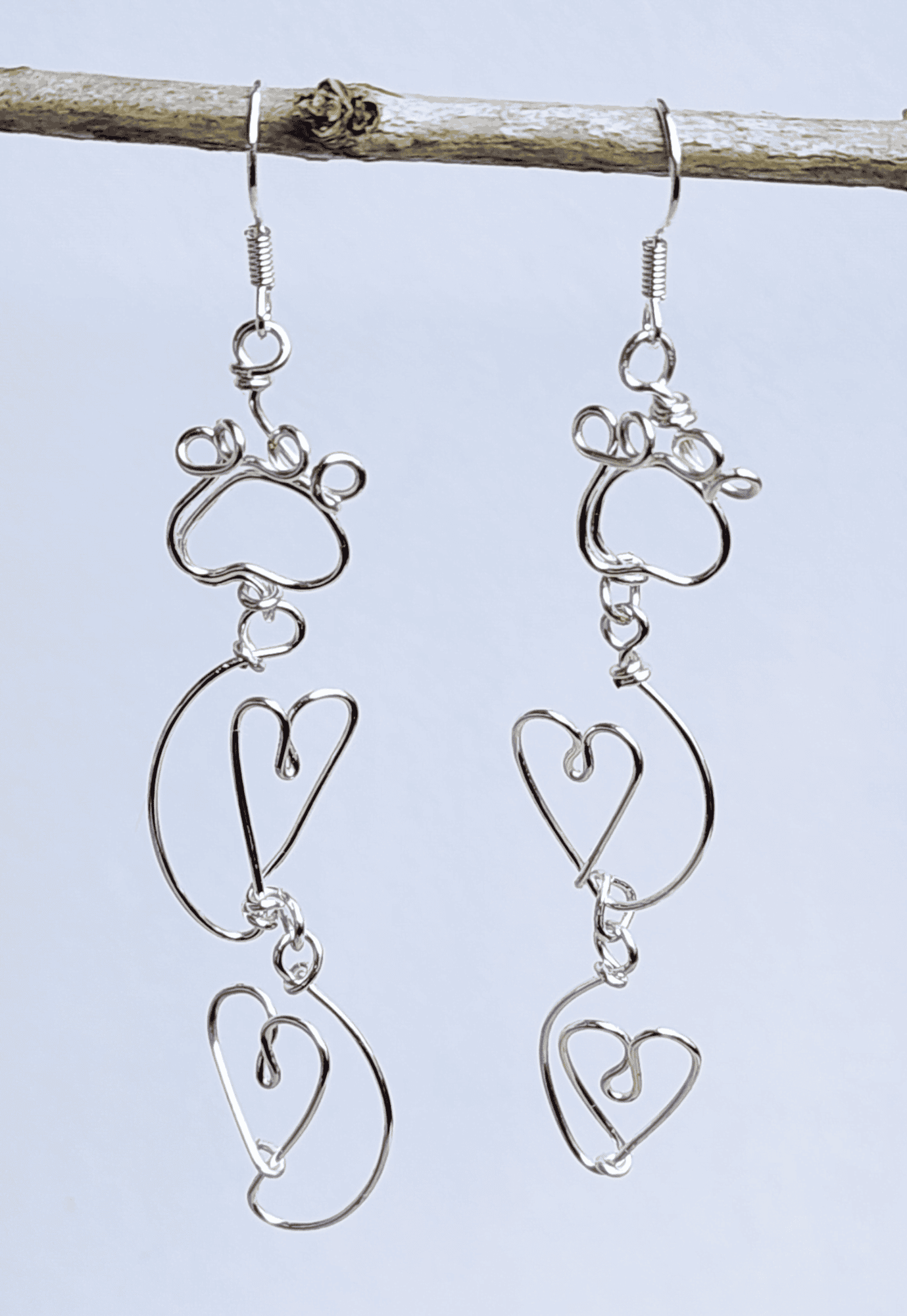 Gold Paw Print and Heart Shaped Long Drop Pet Lover Earrings