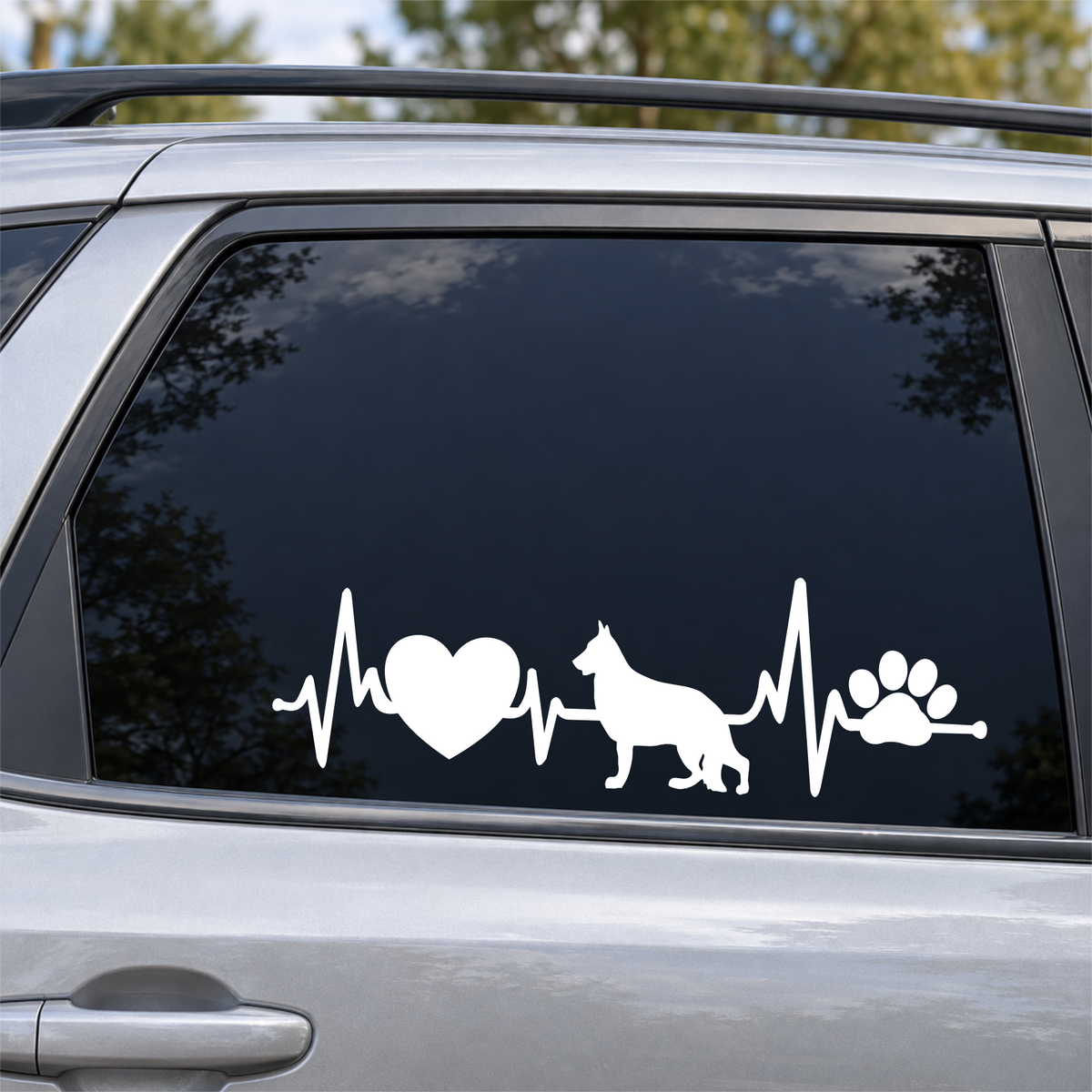 White dog heartbeat vinyl decal with heart, dog silhouette and paw print shown on a tinted SUV window