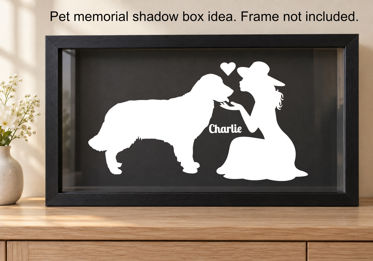 Personalized Charlie lady and dog decal shown as a pet memorial shadow box idea; frame not included