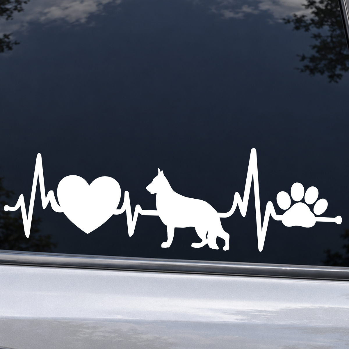 Personalized dog heartbeat vinyl window decal with dog silhouette, heart, EKG line and paw print