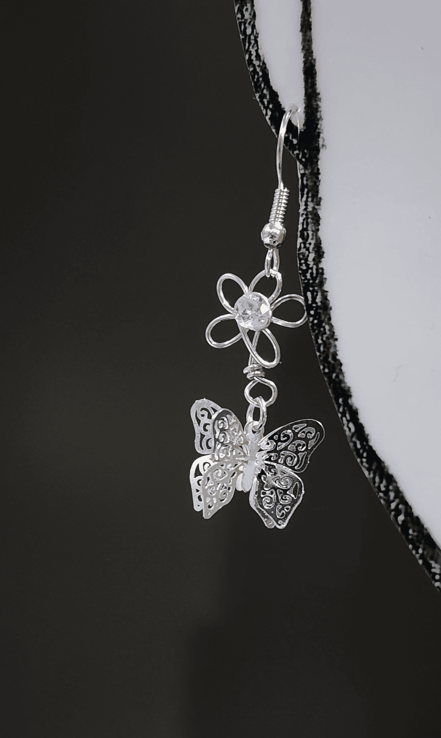 Silver Flower& Dancing Butterfly Crystal Drop Earring Jewelry