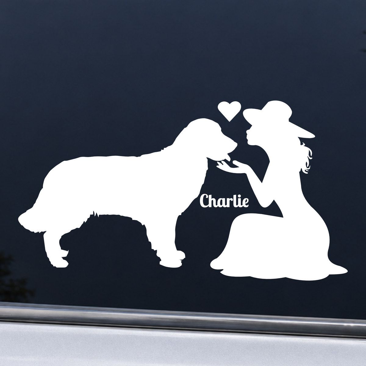 Personalized Dog Mom vinyl decal with woman, dog silhouette and heart design for car windows