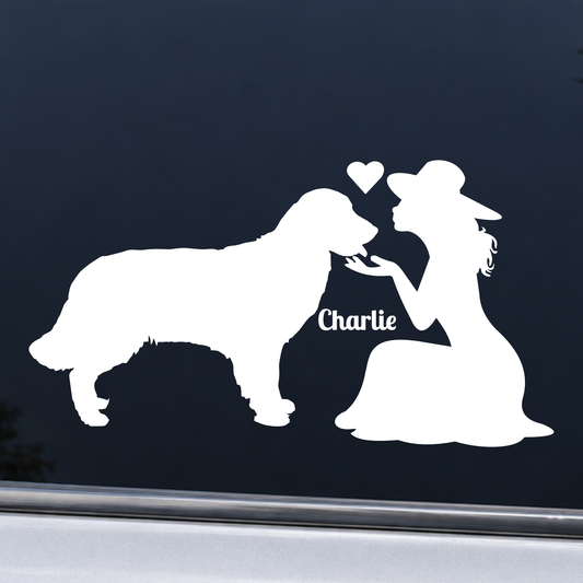 Personalized Dog Mom vinyl decal with woman, dog silhouette and heart design for car windows