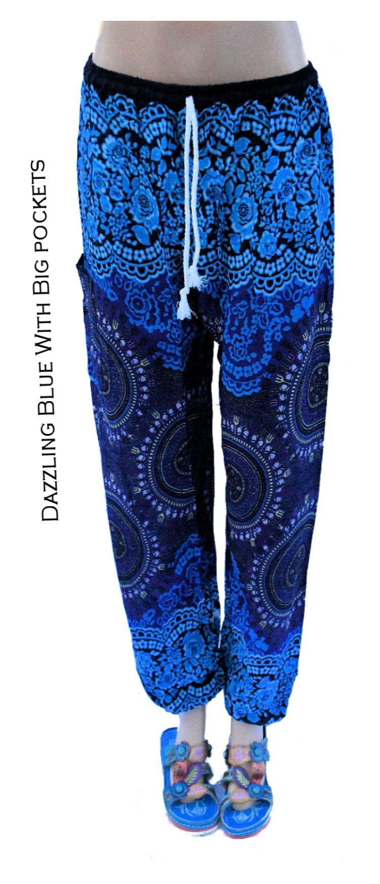 Harem Pants For Women. Harem Pant With Pattern & Big Pocket– Blue, Green, Pink, Red –Elastic Waist M