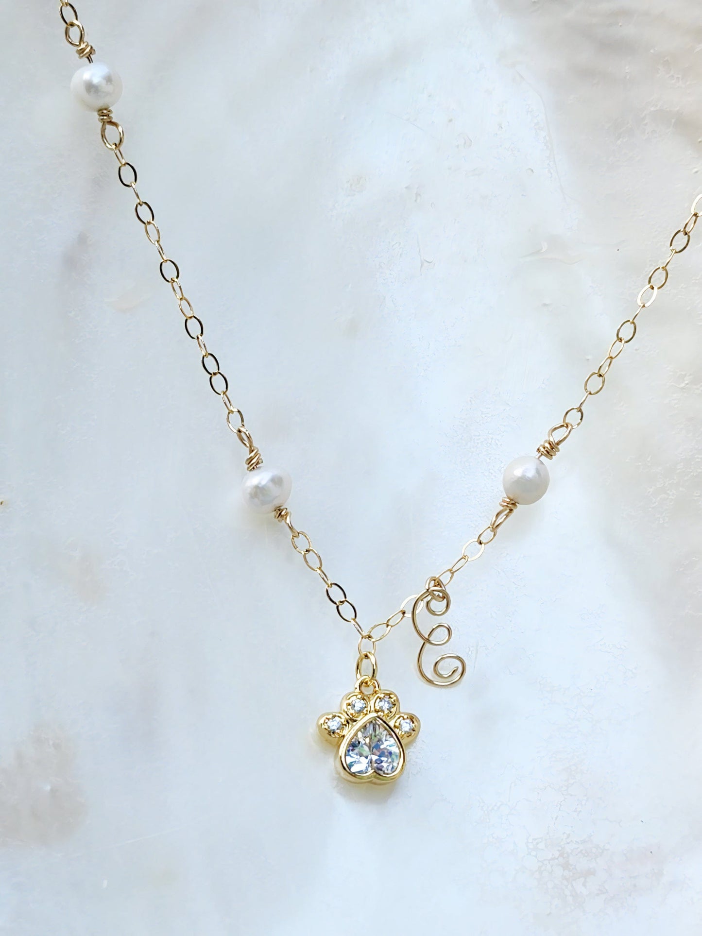 Personalized Pet Mom Pearl Necklace-14 KT Gold Filled-Initials & Paw Crystal-Shipping Included