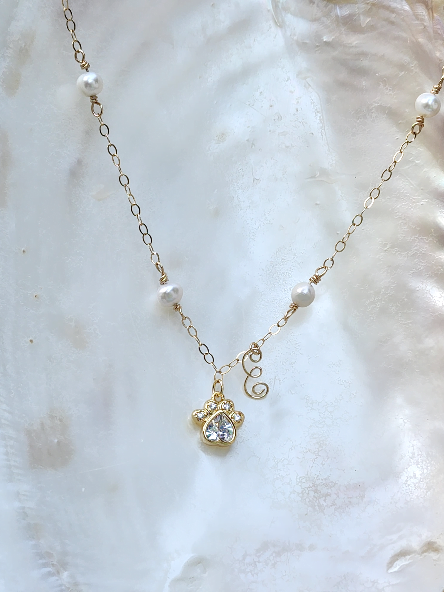Personalized Pet Mom Pearl Necklace-14 KT Gold Filled-Initials & Paw Crystal-Shipping Included